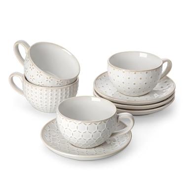 Imagem de MALACASA Copos de cappuccino de 227 g com pires, conjunto de 4 xícaras empilháveis de café expresso e chá, canecas de café de cerâmica branca para lava-louças, para latte, cappuccino e americano