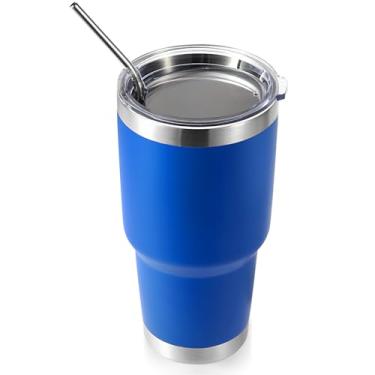 Imagem de Volhoply Caneca isolante de 900 ml com tampa e canudo, caneca de café de viagem de parede dupla para bebidas quentes/frias, cabe no porta-copos de carro, sem BPA (azul, 1
