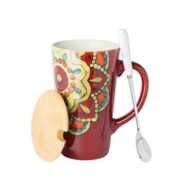 Imagem de GRFIT Caneca estilo étnico retro pintada à mão xícara de café grande copo longo copo de cerâmica copo de cerâmica home office copo de beber com tampa colher 500ml caneca de café (cor: Rojo, Tamanho