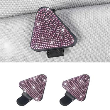 Imagem de MINGZAIQIPEI 2 peças de porta-óculos de sol triangulares de strass brilhante para viseiras de carro de couro magnético organizador de óculos de sol clipe para cartão de bilhete (rosa)