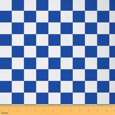 Imagem de Tecido quadriculado retrô adolescentes mulheres homens azul branco tecido de estofamento xadrez para cadeiras sofá sofá crianças meninos meninas geométrico vintage para projetos de casa DIY, decoração