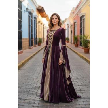 Imagem de Vestido Medieval Longo Cor Esclusiva Limitada Bege E Roxo - Princesa U