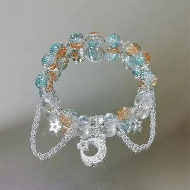 Imagem de Pulseira feminina de cristal e lua estrela, pulseira celestial de contas de vidro com pingente de estrela e lua, pulseira elástica com tema de galáxia boêmia, ajustável, presente de joias, One Size