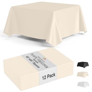 Imagem de Party Solids Pacote com 12 toalhas de mesa descartáveis de plástico marfim – Tamanho: 213 × 213 cm – Capa de mesa quadrada para festas, piqueniques e eventos formais