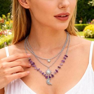 Imagem de Conjunto de colar celestial em camadas de 3 peças, colar empilhável com pingente de sol e lua e estrela, comprimento ajustável para mulheres, Generic, Liga de aço, Sem Pedra Preciosa