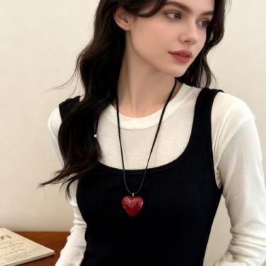 Imagem de Colar grosso e fofo em forma de coração pingente grande em forma de coração corrente de veludo pingente vermelho acessório de moda gótico Y2K, Medium, Latão, Sem Pedra Preciosa