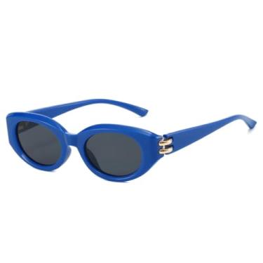 Imagem de JRLLFD Óculos de sol femininos da moda, óculos de sol UV400 retrô, pequeno, oval, vermelho, azul, masculino, para áreas externas (azul, cinza)