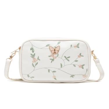 Imagem de Bolsas de ombro transversais para mulheres, mini bolsas com estampa de bordado floral, bolsa de ombro pequena de poliuretano com fecho de zíper, Xk branca