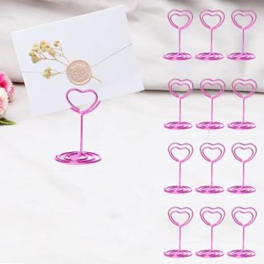 Imagem de 12 porta-números de mesa, porta-cartões de lugar, porta-cartões de mesa pequenos, porta-cartões de visita, porta-fotos de arame para recepção de casamento, festa de aniversário, coração rosa
