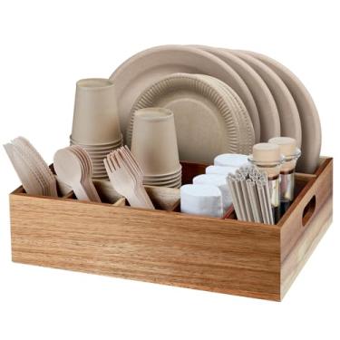 Imagem de BOTOP Suporte de utensílios de madeira de acácia para festa, organizador de pratos de papel, organizador de talheres com 6 compartimentos para prato, copo, garfo, colher, suporte de talheres de