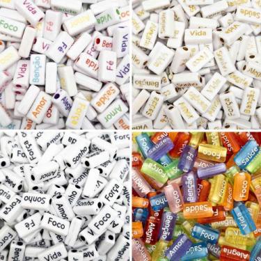 Imagem de Kit Miçanga Plaquinha Frases 4 Tipos Passante Palavras 8x15mm 80un 64g