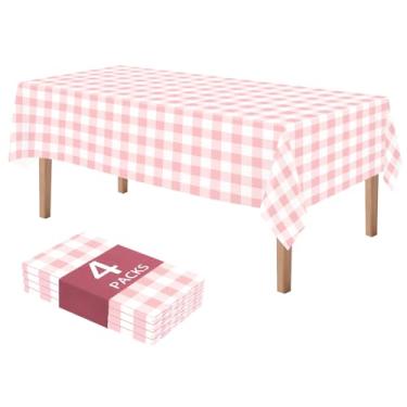 Imagem de DaiUni Pacote com 4 toalhas de mesa xadrez rosa e branca – Toalha de mesa xadrez descartável de plástico 137 x 272 cm, capas de mesa de piquenique à prova d'água para festa de aniversário, acampamento