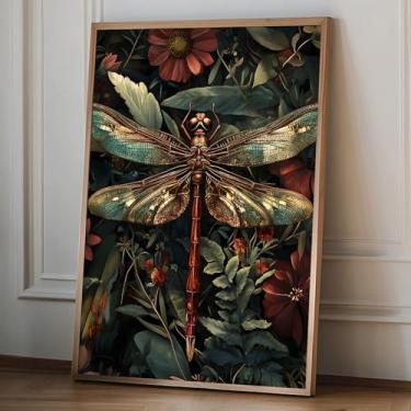 Imagem de Arte de parede vintage libélula verde libélulas postergóticas imagens de flores pintura escura academia retrô pôster botânico libélula floral arte em tela vintage pintura de insetos decoração quarto