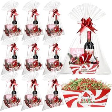 Imagem de Fulmoon 20 conjuntos de cestas de presente de Natal vazias de cesta kraft de Natal com alças, laços de puxar, sacos de presente transparentes, ráfia para decoração de festa de Natal, festas de fim de