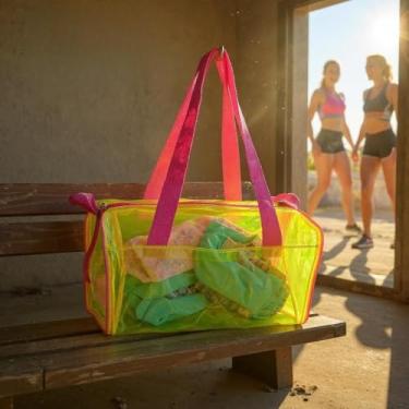Imagem de Bolsa Transparente PVC para Piscina Natação Balé Academia Escola – Resistente e Impermeável (Verde com Pink)