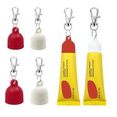 Imagem de 【Pacote com 4】Suporte de protetor labial com chaveiro, capa de substituição portátil compatível com protetor labial clássico Carmex, 9,9 g, design à prova de vazamento, nunca perca seu brilho labial