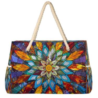 Imagem de hongjinglin Bolsa de praia grande, leve, dobrável, mandala, amarela, étnica, para piscina, bolsa de ombro, Cor 24, Large