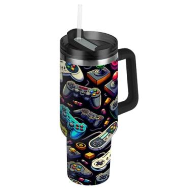 Imagem de Blueangle Copo com vários gamepads de 1,134 g com alça e tampa de palha, caneca de viagem de aço inoxidável isolada a vácuo de parede dupla, garrafa de água reutilizável para academia de escritório ao