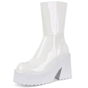 Imagem de AMINUGAL Botas femininas salto cunha tornozelo plataforma zíper punk botas de motocicleta bloco grosso salto alto bico redondo moda trabalho combate botas de cano médio para mulheres, A - patente