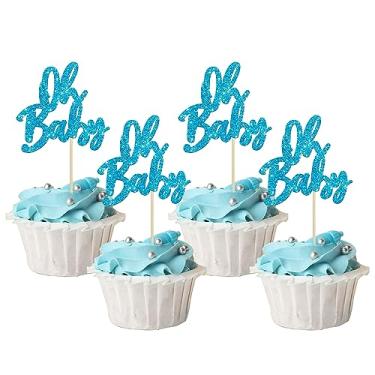 Imagem de 24 peças Oh Baby Cupcake Toppers Glitter Baby Tea Cupcake Picks Gênero Revelar Tema Decorações de Bolo para Chá de Bebê Crianças Meninos Meninas Artigos de Festa de Aniversário Azul