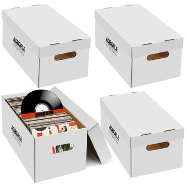 Imagem de AOBOPLE Pacote com 4 caixas de disco de vinil com 45, caixas de armazenamento de discos de vinil de papelão de 18 cm com tampa e alça, comporta até 75 discos de 18 cm cada, 19,87 x 19,6 x 15,87
