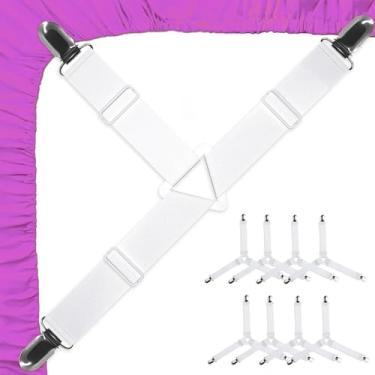 Imagem de XhjzgcTech 8 tiras brancas para suporte de lençol de cama, suportes ajustáveis para lençóis, clipes de lençol com elástico para manter os lençóis no lugar resistente, prendedores de colchão