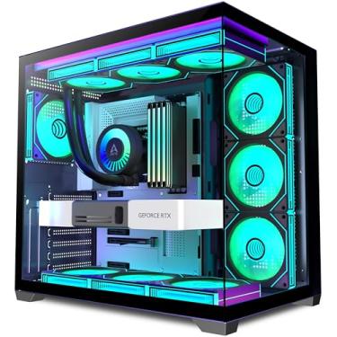 Imagem de ANSAITE PC CASE 9 PWM ARGB Ventiladores Pré-instalados, Torre Média Gaming PC Case, Capa Panorâmica de Vidro Temperado para Computador com Tipo C, Suporte de Radiador de 360 mm, Preto, H09