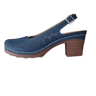 Imagem de Sandálias de salto alto com bico redondo vazado cor sólida para mulheres primavera casual, Azul royal, 38