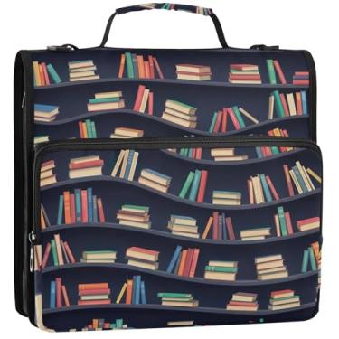 Imagem de 3 fichários de 3 anéis de 3,8 cm, estantes de livros coloridos, organizador de fichário com zíper, bolsa de fichário para ensino médio com alça para documentos, vários bolsos, pasta grande, 34,5 x