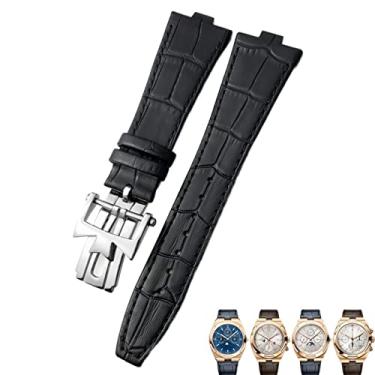 Imagem de SOMKB Pulseira de relógio com interface convexa de couro genuíno de 25-8 mm, para Vacheron Constantin Overseas Black Blue Brown Bamboo Grain Watch Bands (Cor: azul claro, ouro, tamanho: 25-9 mm)