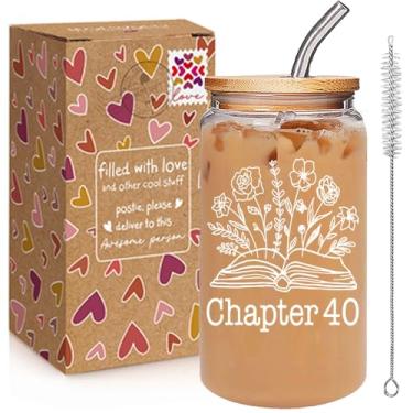 Imagem de Qubereeree Presentes de aniversário de 40 anos para mulheres - Ideia de presentes de aniversário de 40 anos para amigas irmã esposa mãe filha, capítulo 40 copo de café - copo de vidro fosco de 473 ml