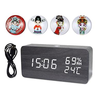 Imagem de Relógio de Alarme Digital Madeira LED com Controle por APP Exibição Temperatura Umidade Data 4 Níveis Brilho Som Alimentação via USB ou Bateria Eletrô