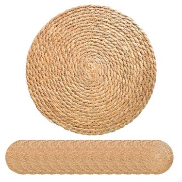 Imagem de Jogo americano redondo de tecido de 33 cm, conjunto de 15, tapetes de mesa trançados de palha rústica de fazenda, tapetes de mesa TwinnekYR grandes boho trançados, para pratos de jantar, decoração de