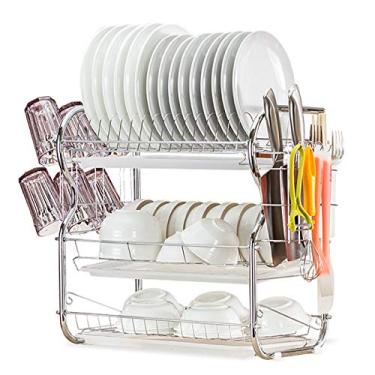 Imagem de Rack de Secagem Pratos 3 Camadas em Aço com Prateleira Drenagem Removível para Drainer Suporte Utensílios Copos Organizador e Armazenamento Balcão Coz