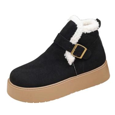 Imagem de Botas femininas casuais, versáteis, forradas com lã, sola grossa, plus size, outono, inverno, modernas, com fivela e tiras de neve, Preto, 34
