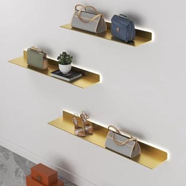 Imagem de Prateleiras de parede flutuantes, prateleiras de exibição montadas na parede, prateleiras de parede flutuantes com luz quente de LED para decoração de sala de estar, planta de armazenamento ou estante