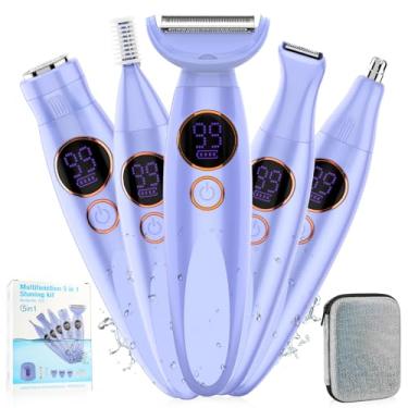 Imagem de Aparador de biquíni 5 em 1 para mulheres, IPX7 à prova d'água, sem fio, substituível, púbico, sobrancelha, barbeador elétrico facial, aparador de pelos do nariz e barbeador corporal indolor para
