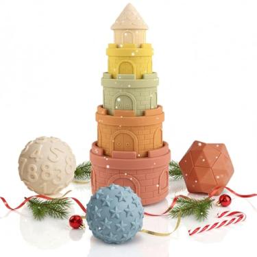 Imagem de ROHSCE Conjunto de copos empilháveis e bolas sensoriais para bebês, brinquedos sensoriais texturizados para bebês, blocos de aninhamento de castelo macio, mordedor de recém-nascido e brinquedos de
