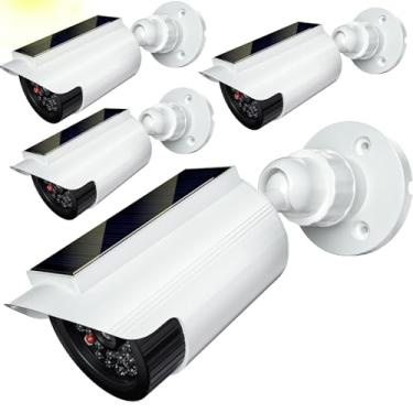 Imagem de WALI Câmera falsa falsa, alimentada por energia solar, câmera de segurança falsa com luz LED, para câmeras de vigilância simulada de segurança CCTV domo com adesivo de aviso (SOLTC-W4), 4 pacotes