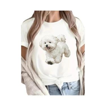 Imagem de Camiseta Gráfica Feminina Branca Bichon Frise, Top Casual De Cor Sólid