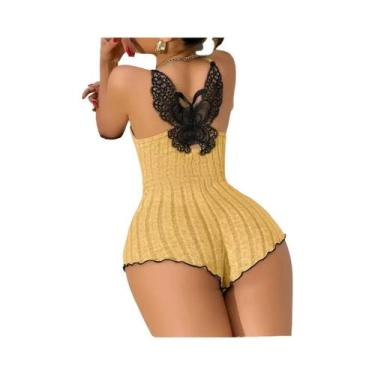 Imagem de Pijamas De Verão Femininos Com Bordado De Borboleta Nas Costas E Renda