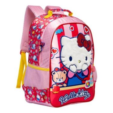 Imagem de Mochila Escolar Rosa Vermelho 40cm Hello Kitty Paetês Cetim