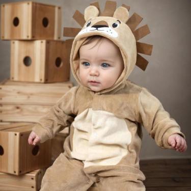Imagem de Macacão Para Bebê Em Plush Com Capuz Bordado De Leão Bege - Era Uma Ve