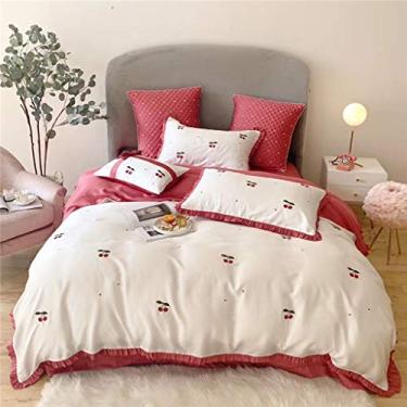 Imagem de Jogo de cama de verão Ice Silk Conjunto de cama de verão 4 peças King Size imitação de seda bordada, lençol de cama confortável (E 1,8 m)