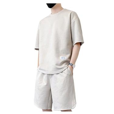 Imagem de Conjunto masculino de camurça, cor sólida, 2 peças, camisa polo atlética, ombros caídos, Bege, Large