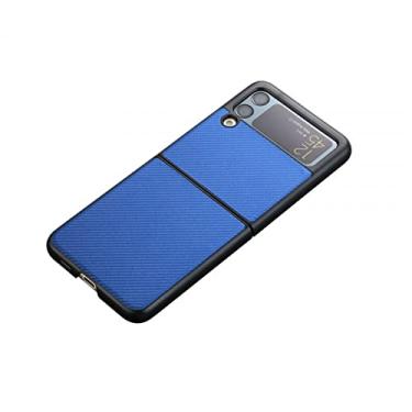 Imagem de KOMISS Capa para Samsung Galaxy Z Flip 3/Z Flip 4, capa traseira protetora dobrável com padrão de fibra de carbono ultrafina de luxo, capa de telefone de couro PU de plástico rígido, azul, Z Flip4
