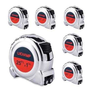 Imagem de Fita métrica LICHAMP 7,6 m com magnética, pacote com 6 unidades, fácil leitura, cromada, retrátil com frações 1/8, fita métrica de 6,5 m por 2,5 cm, redonda