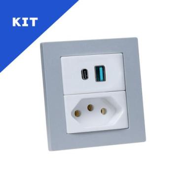 Imagem de Kit Espelho Duplo Reto com 1 Tom 20A e 2 USB 9.0A Cinza - CONNECT CAIX
