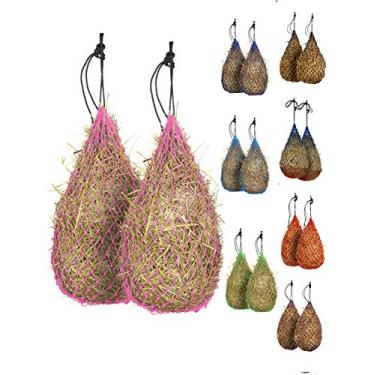 Imagem de Majestic Ally Rede de feno para cavalos, 2 peças de alimentação lenta de 106,6 cm, furos pequenos de 5 x 5 cm, corda de nylon, alimentador de viagem ajustável para reboque e parada, simula pasta, reduz o desperdício (rosa)