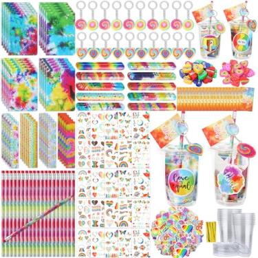 Imagem de Noveread 251 Pcs Party Favors Set Includes Drink Gift Cup Mini Notebooks Pencils Heart Eraser Pencil Sharpener Slap Bracelets Ruler Tattoo Stickers Cards Keychain School Stationery Set (Tie Dye)